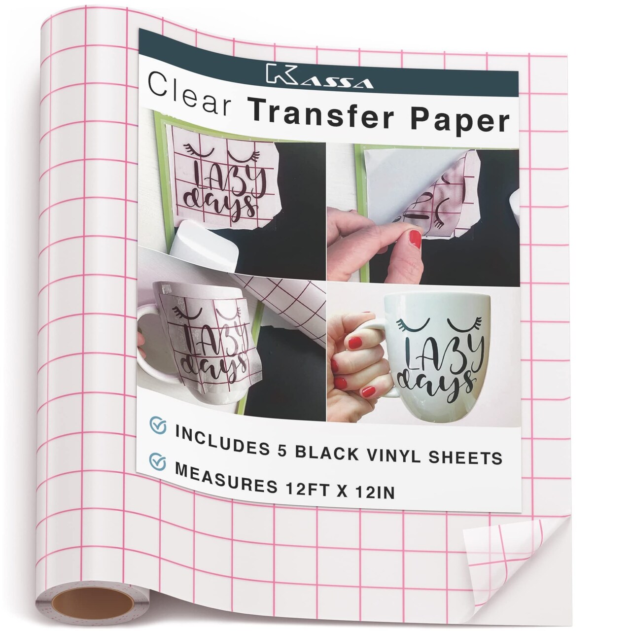 Kassa Transfer Tape Roll for Vinyl - Clear | 12 in x 12 ft, 5 Black Vinyl Sheets Included | Compatible with Cricut, Silhouette & Other Cutting Machines | For DIY Art Projects, Styling & Decorating